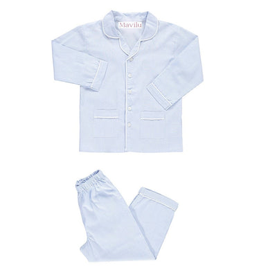 Pigiama Mavilu modello Enea per bambino a righe bianco e azzurro con casacca e pantaloni lunghi. 100% Cotone