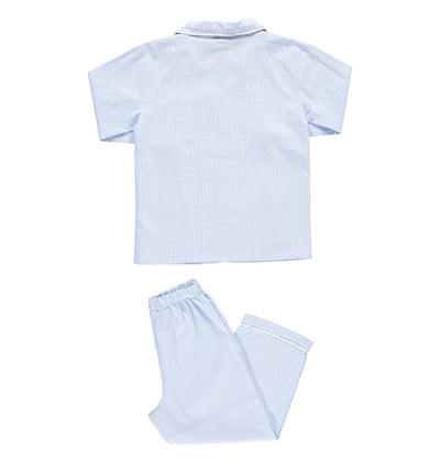 Pigiama Mavilu modello Enea per bambino a righe bianco e azzurro con casacca e pantaloni lunghi. 100% Cotone